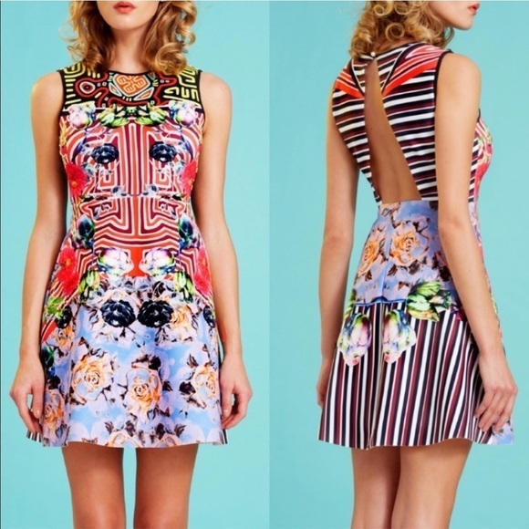 Clover Canyon Floral Maze Dress Scuba Fit and Flare Geo Multi Color Sz XS - Picture 1 of 14